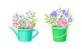 Flowerpot with Flowering Meadow Plant and Blooming Flora Bouquet Vector Set