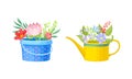 Flowerpot with Flowering Meadow Plant and Blooming Flora Bouquet Vector Set