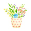 Flowerpot with Flowering Meadow Plants Blooming as Spring Vector Composition