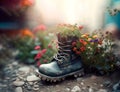 Flowerpot in the form of boot as a garden decoration. Landscape design concept. Delicate multicolored flowers in shoe figure.