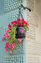 Flowerpot with pink and red petunias, at the house edge