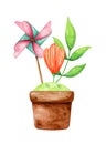 Flowerpot with a windmill, lawn, leaf and a flower in it. Watercolor picture isolated on white background