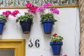 Flowerpots and Flowers on a white wall, Old European Town Royalty Free Stock Photo