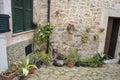 flowerpots street in the tourist island of Mallorca, Valdemosa c Royalty Free Stock Photo