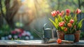 flowerpots of tulips, spring flower season Royalty Free Stock Photo