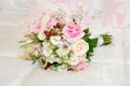 Bouquet of flowers with pink and white roses. Rose Ãâ damascena, Rose Desdemona, Rose Lochinvar, lisianthus, eustoma.