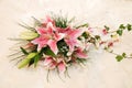 Bouquet of pink lilies and green leaves. Lilium. Lilium `Stargazer. Royalty Free Stock Photo