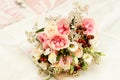 Bouquet of flowers with pink and white roses. Rose Ãâ damascena, Rose Desdemona, Rose Lochinvar, lisianthus, eustoma.