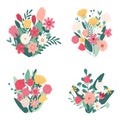 Set of different beautiful bouquets with garden and wild flowers vector flat illustration. Flower bouquet. Royalty Free Stock Photo