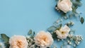 Wedding flower frame on blue background from above. Beautiful floral pattern. Flat lay style generative ai Royalty Free Stock Photo