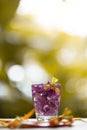 Abstractive organic close up glass of purple colour of flowers