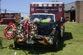 Flowers adorn an ambulane on display in Landover Hills Fire Department