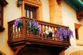 Flowers adorn a balcony