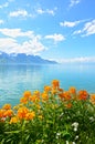 Flowers against mountains and lake Geneva from the Embankment in Montreux