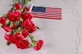 Flowers and American flag on white background. Symbol of United States of America Royalty Free Stock Photo