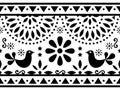 Mexican folk art vector long seamless pattern with birds and flowers, black and white textile or greeting card design inspired by Royalty Free Stock Photo