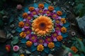 flowers arranged in a circle of rocks on the ground in the garden Royalty Free Stock Photo