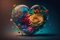 Flowers arranged in the shape of a heart. Top view of a blooming heart. Abstract background. Template for modern graphics design.