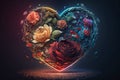 Flowers arranged in the shape of a heart. Top view of a blooming heart. Abstract background. Template for modern graphics design.