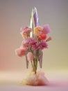 Flowers are arranged in the shape of a rocket surrounded by pastel clouds Royalty Free Stock Photo