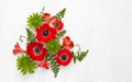 Flowers Arrangement. Composition of red anemons, green succulent and leaves on light background. Top view Royalty Free Stock Photo