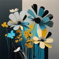 Flowers art background. Digital generated wallpaper design with flower paint brush line art. Teal, yellow and grey flowers Royalty Free Stock Photo