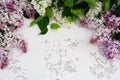 Flowers background. Bouquet of a branch of lilac spring flowers on a white wooden background. Royalty Free Stock Photo