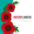 Flowers background with full blooming red poppies with green leaves