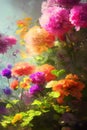 Flowers background with multicolored bouquet of summer flowers with vivid intense colors. Generative Ai