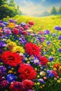 Flowers background with multicolored bouquet of summer flowers with vivid intense colors. Generative Ai