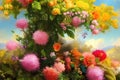 Flowers background with multicolored bouquet of summer flowers with vivid intense colors. Generative Ai