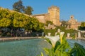 Flowers on the background of the palace Alcazar de los Reyes Cristianos, Cordoba, Andalusia, Spain. With selective focus Royalty Free Stock Photo