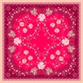 Flowers bandana, colorful shawl, scarf print in crimson and pink tones. Romantic flowering garden pattern with decorative border. Royalty Free Stock Photo