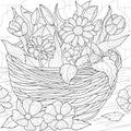 Flowers in a basket. Tulips and daisies.Coloring book antistress for children and adults.