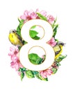 Flowers, bird with number 8. Floral card for Female day, March 8. Watercolor spring blossom