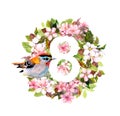 Flowers, bird with number 8. Floral card for Female day, March 8. Watercolor spring blossom