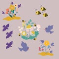 Flowers, birds and bees, vector set illustration