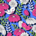 Flowers and birds. Bright summer pattern on a blue background.