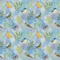 Flowers birds leaves and butterflies on sky background. Seamless botanical pattern. Watercolor illustration for packaging. Royalty Free Stock Photo