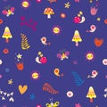 Flowers birds mushrooms butterflies snails hearts seamless pattern Royalty Free Stock Photo