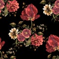 Watercolor bouquet flowers with tulip. Seamless pattern on a black background.