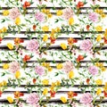 Flowers at black-white striped background. Repeating floral background. Watercolor with ink stripes