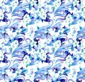 Flowers, blue abstract ornament. Water color tiled seamless floral pattern. Royalty Free Stock Photo