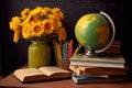 Flowers books and a globe in appreciation of educators, educational photo Royalty Free Stock Photo