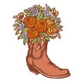 Flowers in boot. Cowboy boot with sunflowers. Vector color printable illustration isolated on white background. Hand drawn vector