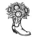 Flowers in boot. Cowboy with sunflowers. Vector printable illustration isolated on white background. Hand drawn vector close-up