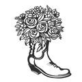 Flowers in boot. Cowboy with flowers. Vector printable illustration isolated on white background. Hand drawn vector close-up