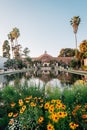Flowers, the Botanical Building, and the Lily Pond at Balboa Park, in San Diego, California Royalty Free Stock Photo