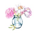 Flowers bouquet in glass vase watercolor bouquet on white background Royalty Free Stock Photo
