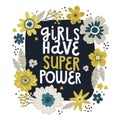 Flowers bouquet, lettering girls power, vector hand drawing greeting card template